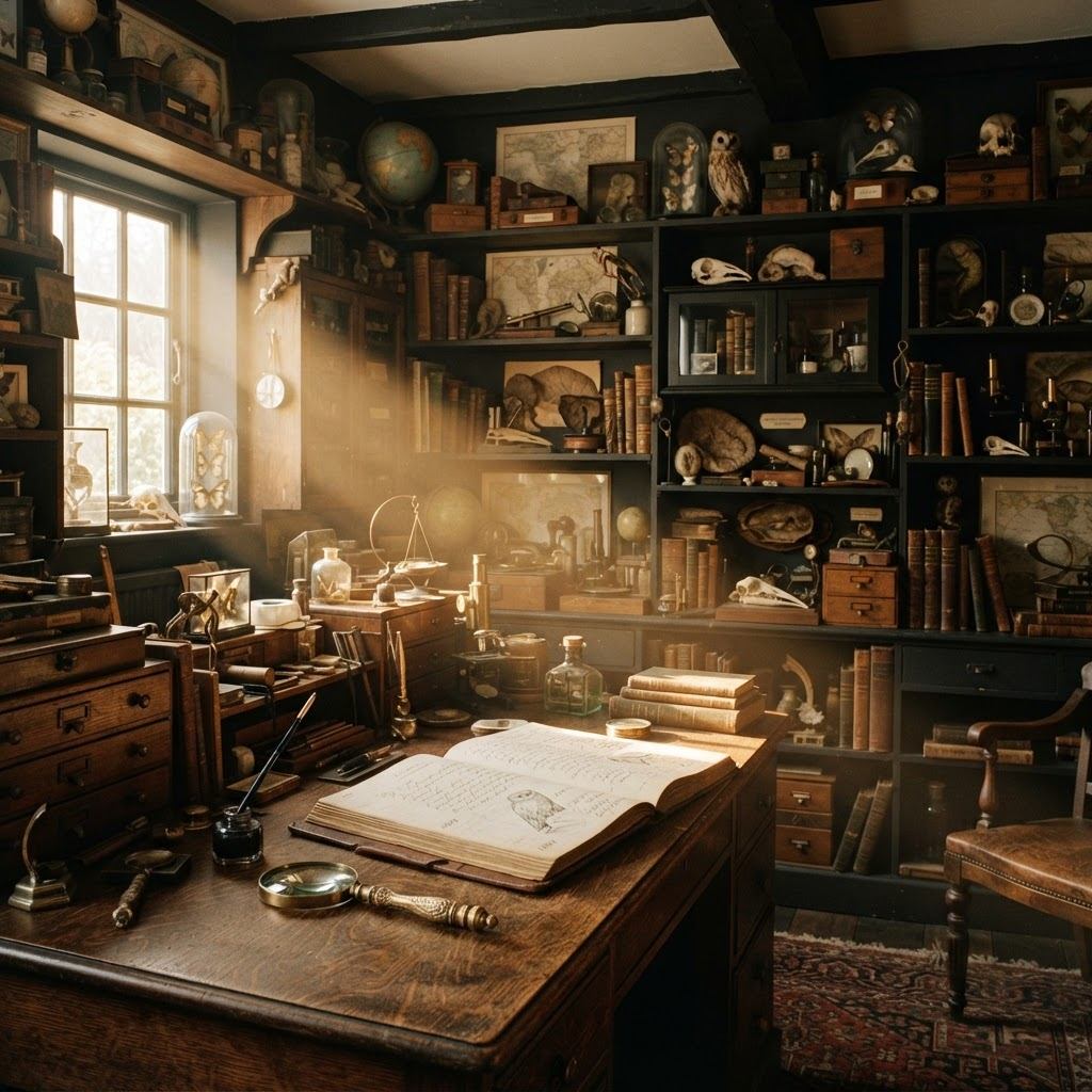 A collector's study filled with antiques and curiosities